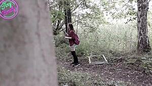 Petite German teen Emily in Halloween roleplay gets seduced by stranger. She rides his huge cock