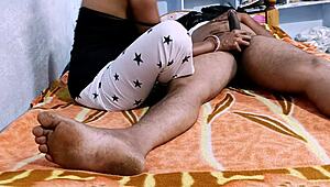 Indian Hot Wife Gives Homemade Handjob, Blowjob, and Footjob to Husband.