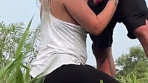 couple almost gets caught fucking roughly in the park with big cocks and tits