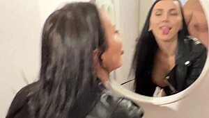 Hot step-mom in leather bends over for step-son's monster cock, cumming twice.