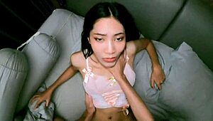 gorgeous asian babe in lace pajamas gets wild