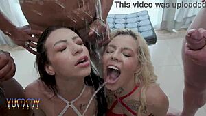 Sensual Slaves Kyra Sex and Giih Spanic Dominated by 5 Guys in DAP Fuck with Squirts Footjob and Pee Games