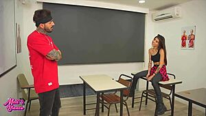 Home late, meet teacher with big cock in classroom!