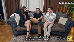 Cuckold husband watches wife share tight pussy with hot jerk