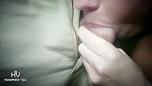 Sucking and licking daddy's balls in shorts