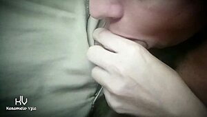 Sucking and licking daddy's balls in shorts