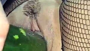 hot colombian latina milf uses cucumber in her wet pussy for close-up squirting orgasms