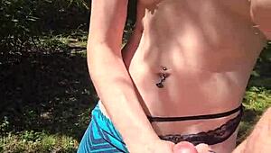 wife gives quick handjob on walk 😏 outdoors with husband