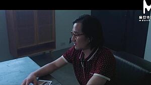 Asian stewardess in stockings gives footjob and blowjob