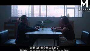 Asian stewardess in stockings gives footjob and blowjob