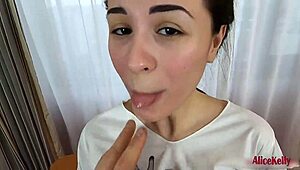 i'm sucking this brunette's deep dick then doggystyle fucking her, cum on her pussy babe