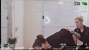 Pervy boss catches secretaries in anal fisting creampie.