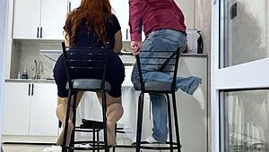 mature housekeeper subtly allows touching her big breasts after persuasion and hints at agreeing to sex