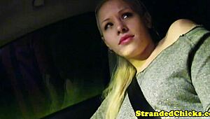 Hitching blonde teen grabs driver's cock in the car, no sex involved.
