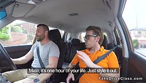 Fake driving instructor's friend meets blonde secretly.