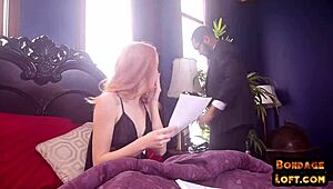 Bound redhead nipple clamped and zapped in kinky threesome domination 😈