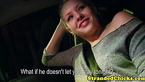 Hitching blonde teen grabs driver's cock in the car, no sex involved.
