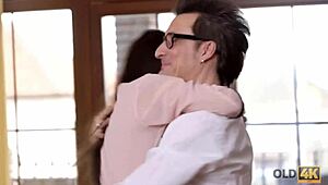 Eighteen 18+ girl gets her shaved pussy licked and nailed missionary style by old guy in Russian setting