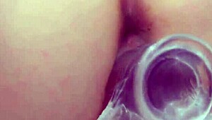 Natural busty redhead masturbates closeup with clear dildo!