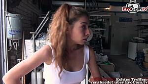 Thin German teen fucked in pink pantyhose