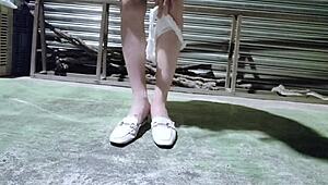 Ladyboy Jerks Off Outdoors Under Skirt