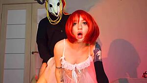 sexy redhead rides masked guy hard 😈