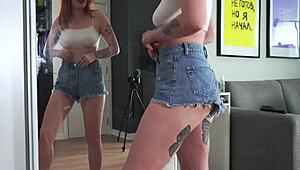 Babe in jean shorts sucks cock like a goddess