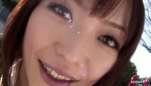 Petite Japanese secretary roleplays solo masturbation in office toilet.