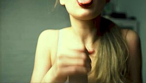 Beauty with red lips gives close-up handjob to her boyfriend, moaning all the way 😘