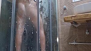 Horny and sexy guy jerks in shower with moans.