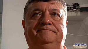 sexy teen 18+ blows grandpa then rides his cock and swallows cum.