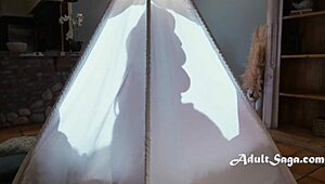 Busty ebony teen rides step dad in tent while stepmom naps 😏