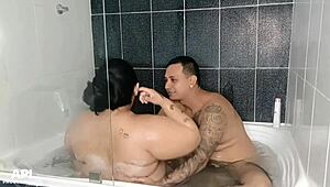 Enjoying A Relaxing Bath With Stepmother At Home