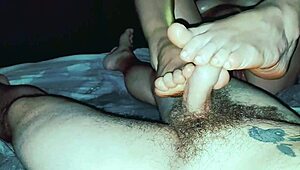 Erotic massage with brunette milf jerking cock using oiled feet 😍. Homemade hidden cam session