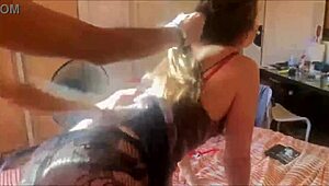 French amateur in white satin panties and red dress gives fishnet heels doggystyle blowjob ass to mouth