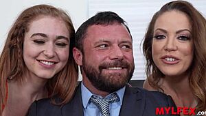 Stepdad gets family support during live interview, sucking and fucking with milf wife.