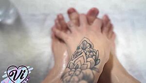 brunette shows her feet closeup