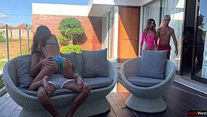 two couples are fucking at the pool party outside