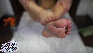 brunette shows her feet closeup