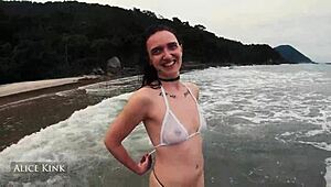Alice kink removes her micro bikini at the public beach