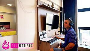 horny guy fucks maid and hot wife in threesome