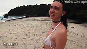 Alice kink removes her micro bikini at the public beach