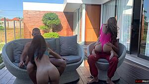 two couples are fucking at the pool party outside