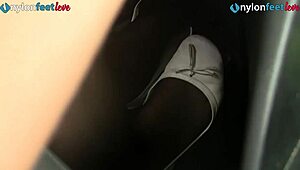 Redhead Shows Off Panties And Stockings In Car And Drives