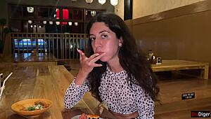 girl gets cum on face in sushi bar