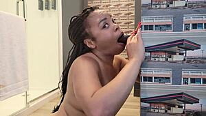 Sloppy deepthroat demonstration with dildo