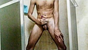 Skinny Brazilian Amateur Jerking Huge Cock In Shower Orgasm