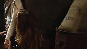 Bent over tied up submissive lesbian slave orgasms from strapon domination