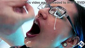 Tiny Asian babe, get sprayed by these 4 big cocks in wild bukkake!