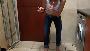 pisswhore peeing in her jeans smoking stripping